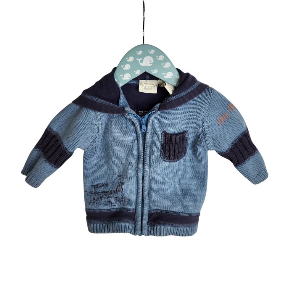 Nordstrom Baby Train Station Hooded Full Zip‎ Sweater Infant Size 3 Months Blue